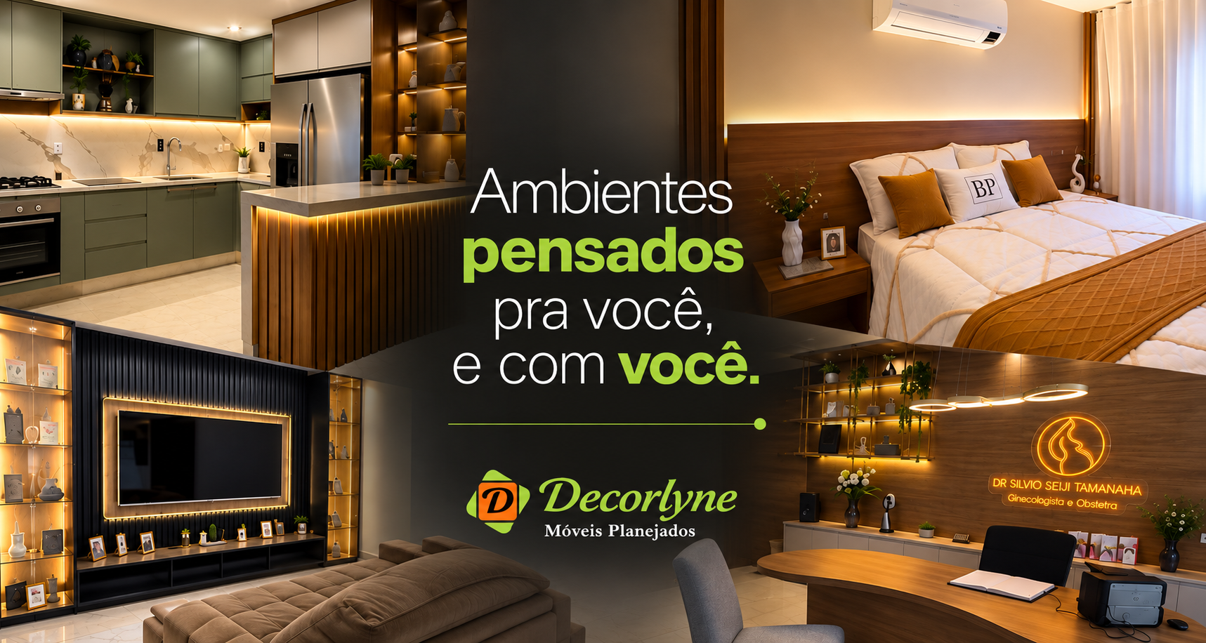 Composição de cozinha, quarto, sala e escritório planejados pela Decorlyne